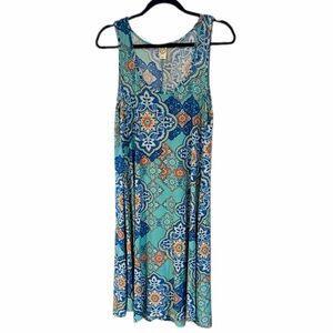 Blue and Orange Patterned Sleeveless Dress